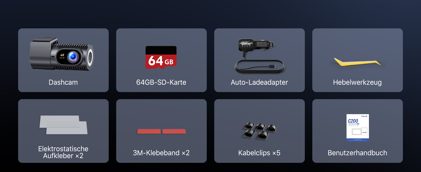 Dashcam CIEVIE C200: 4K, IPS 1.5', WiFi 5G, 64GB, 360° обертання, WDR, Нічне бачення, Паркування 24/7, G-сенсор, Loop, 170°
