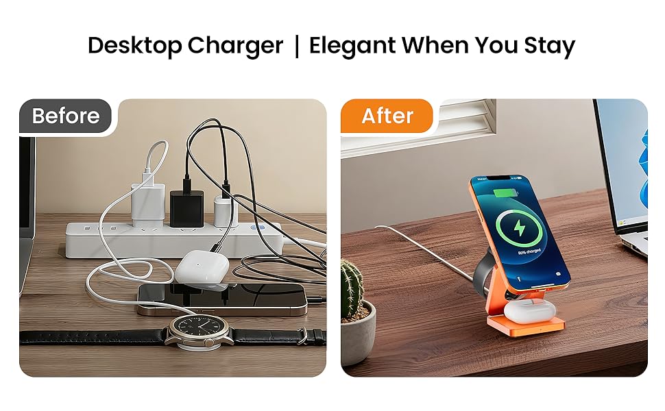 MagSafe зарядна станція 3-в-1: бездротовий зарядний пристрій 25W для iPhone 12-17, Apple Watch, AirPods (Qi, складна, помаранчева)