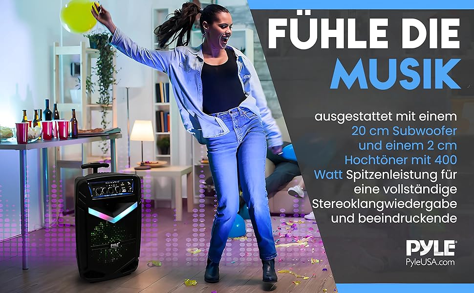 Pyle PA Bluetooth Partybox: Караоке-машина з мікрофоном, 400W, 8” сабвуфер, Bluetooth, USB/SD, радіо, світлові ефекти