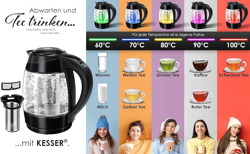 Електричний чайник KESSER 1,8 л зі сталі та скла з LED підсвічуванням, зміною кольору за температурою (60–100°C), ситечком для чаю, фільтром від накипу, функцією підтримки тепла, чорний