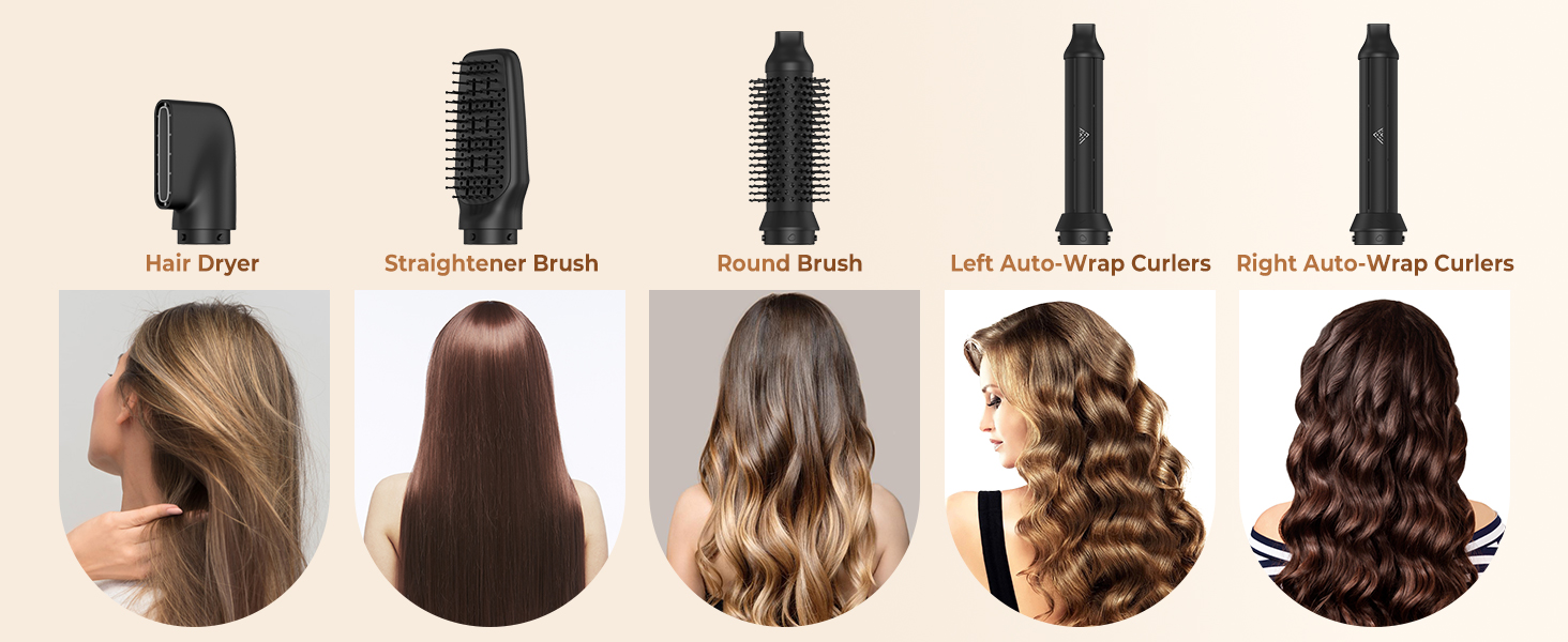 Набір для укладки волосся 6 в 1: фен-щітка, плойка, випрямляч, термощітка, фен, для всіх типів волосся (Чорний)