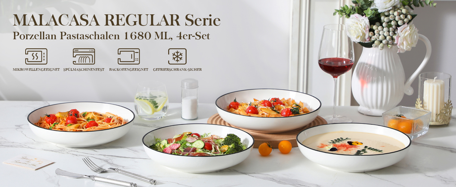 MALACASA Набір посуду 6 шт. з порцеляни: тарілки для пасти, супу, салату, сервірування. Білий з чорним обідком, 1250 мл
