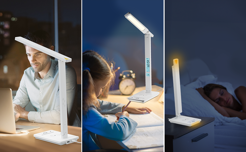LED лампа настільна YAMYONE з бездротовим зарядним пристроєм та USB-портом, 5 кольорів, регулювання яскравості, нічник, годинник, термометр, для офісу та навчання, білий колір