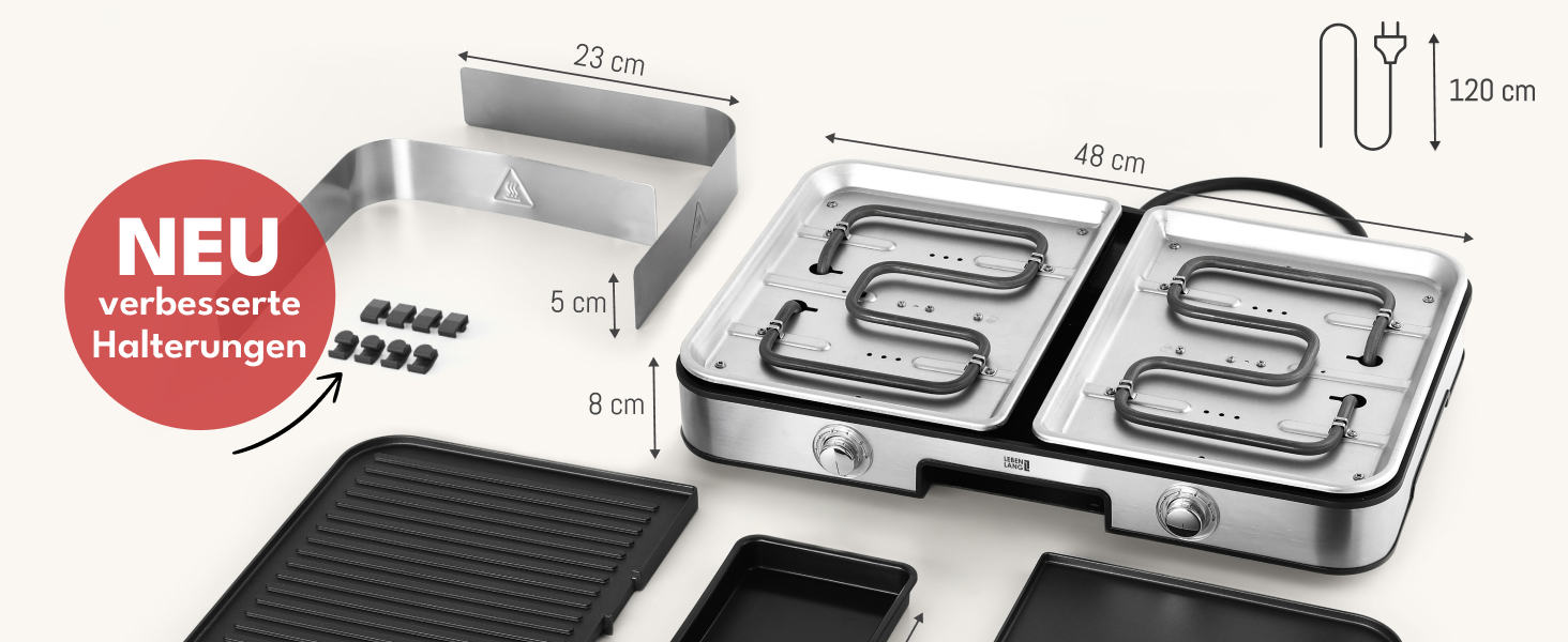 LEBENLANG Електричний гриль для столу - з щипцями та захистом від бризок | 2400W | Для дому та вулиці | Гриль для балкону, столу | Електричний гриль з площею | Гриль для дому