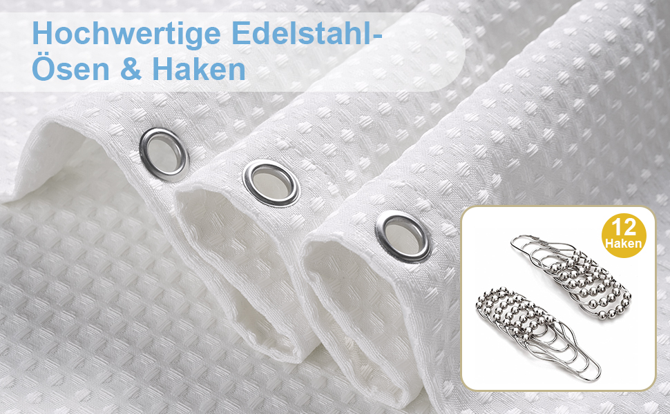 Штора для ванної кімнати Waffel з кільцями, 182x182 см, біла - водовідштовхувальна, анти-грибок