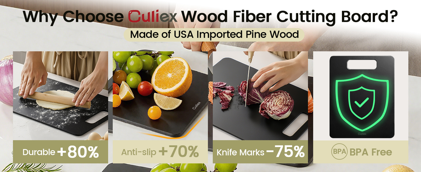 Набір дерев'яних обрізних дощок 2 шт. з бамбука, стійкі до миття в посудомийній машині, високої щільності, нетоксичні, BPA-free, з антиковзними ніжками, безпечні для ножів – ідеально для кухні та як подарунок, чорного кольору