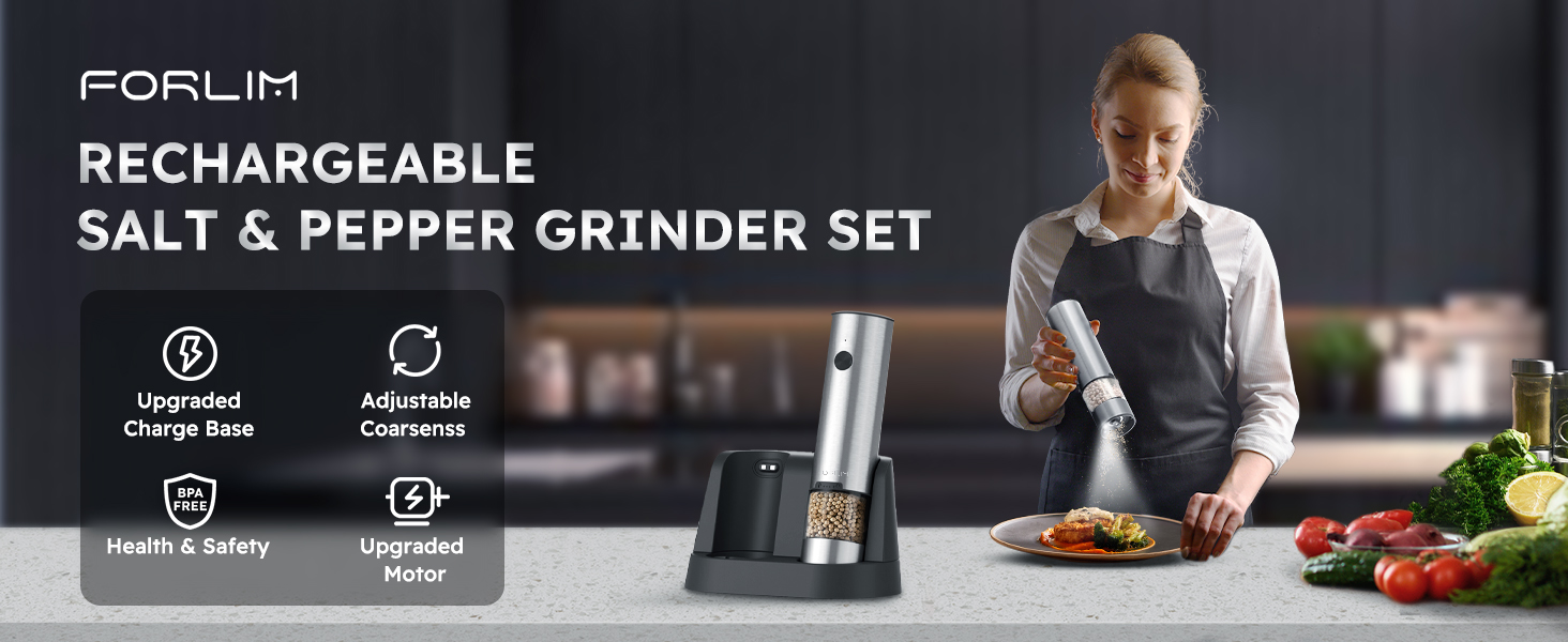 Електрична мельниця для солі та перцю FORLIM, USB-зарядка, з LED-підсвіткою, регульована ступінь помолу, 7 рівнів, 2 шт. (чорний+білий)