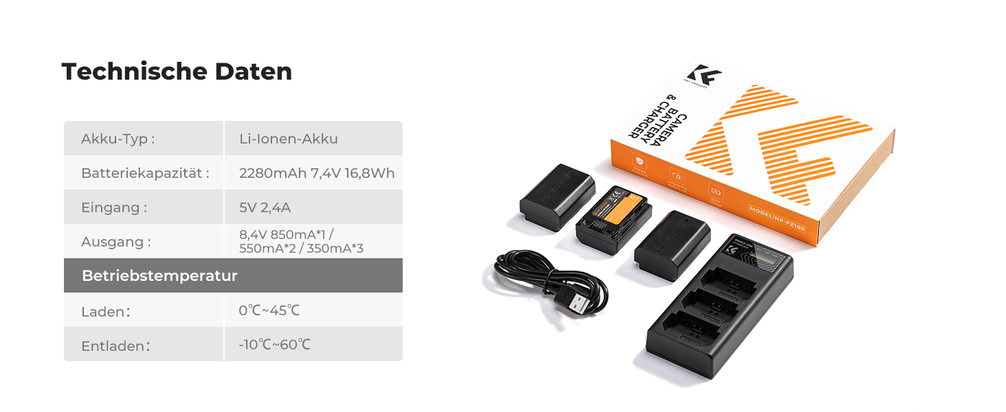 Акумулятор K&F Concept NP-FZ100 (3 шт) з зарядним пристроєм на 3 слоти, 2280mAh для Sony Alpha A7III, A7IV, A7R III/A7R3, A7RIV, A7RV, A7C, A7S III/A7S3, A9, A9II, A6600, A9R, FX3, FX30