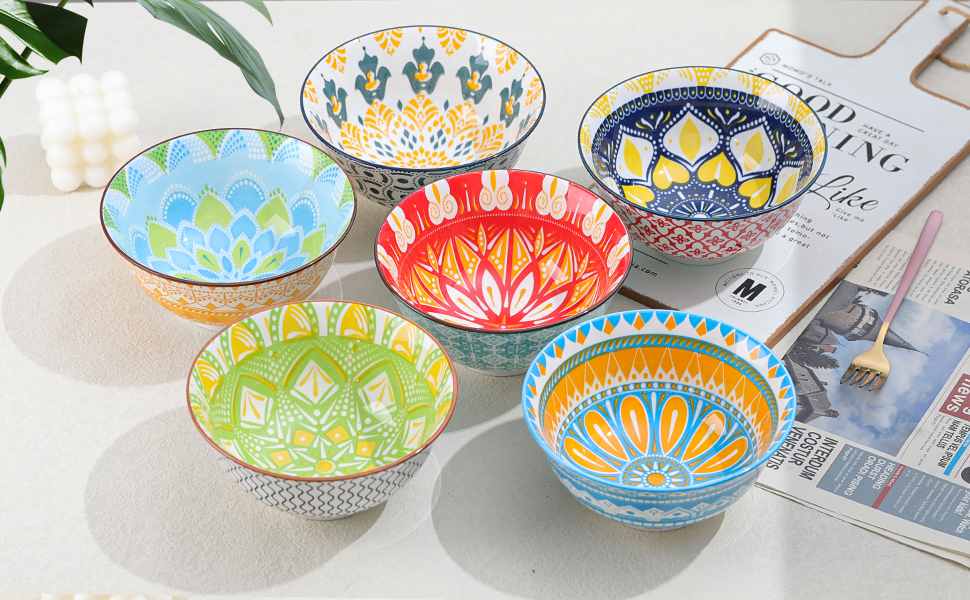 Набір тарілок/мисок для мюслі, супу, салату (6 шт.) - 15.7 см, 700 мл, 6 кольорів, порцеляна