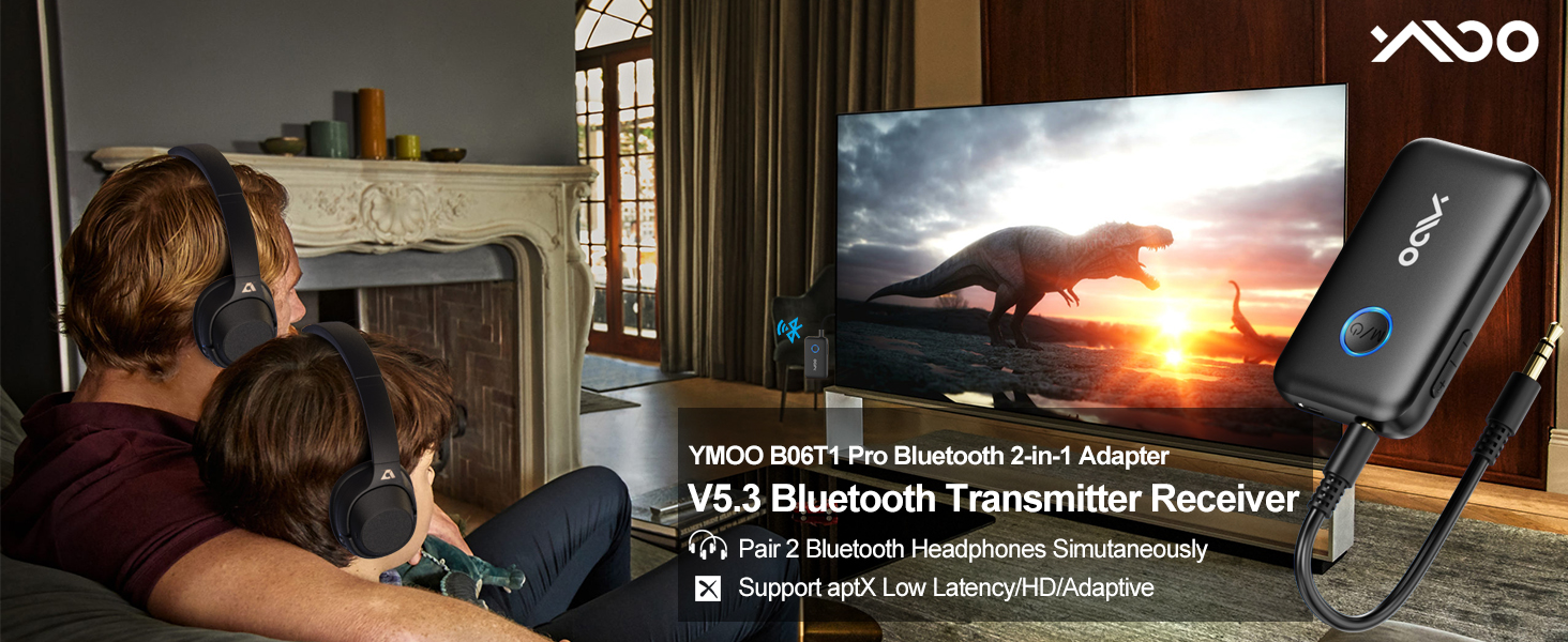 Bluetooth 5.3 адаптер YMOO 2-в-1 для ТБ та літака: ресивер та трансміттер з aptX Low Latency, роз'єм 3.5 мм, для навушників та колонок