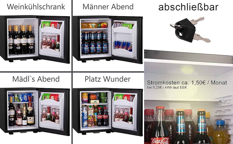 Міні-холодильник 28 літрів з замком, безшумний, з підсвічуванням, для вина, дверцята відкидні, 4°-14°C