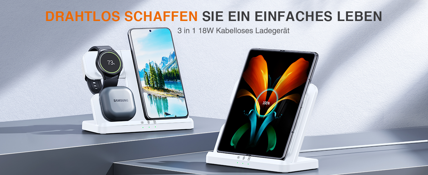 Зарядна станція Induktive 3-в-1 для Samsung Galaxy: Watch, Buds, смартфони (S26 Ultra - S22, Z Flip, Z Fold) - Без адаптера, білий