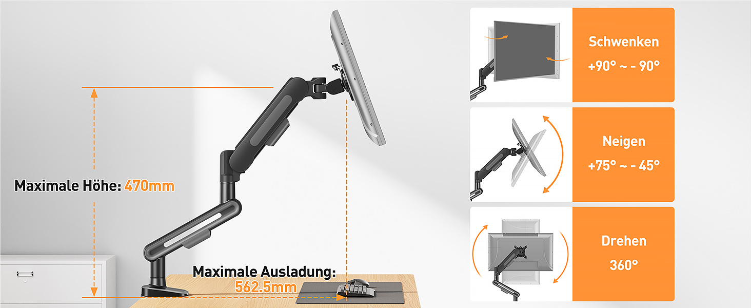 Кріплення для монітора ELIVED EV3235B-G: регульована підставка для монітора 17-34 дюймів, 2-12 кг, VESA 75/100mm, сірий