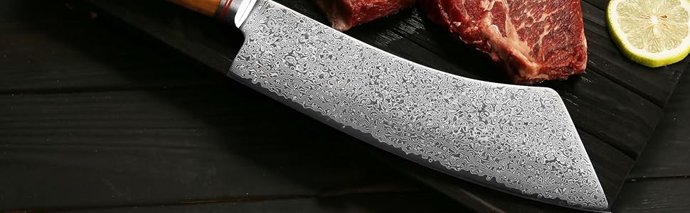 Ніж м'ясник YOUSUNLONG Дамаск 25 см - професійний кухонний ніж з клинком Дамаск, ручка з дерева (228 мм)