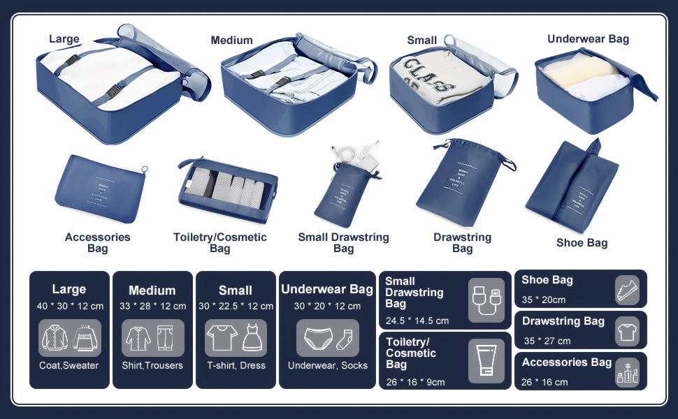 Органайзер для валізи OBSGUMU, набір 9 шт. - Packing Cubes для подорожей, косметичка, валізні органайзери (Marineblau)