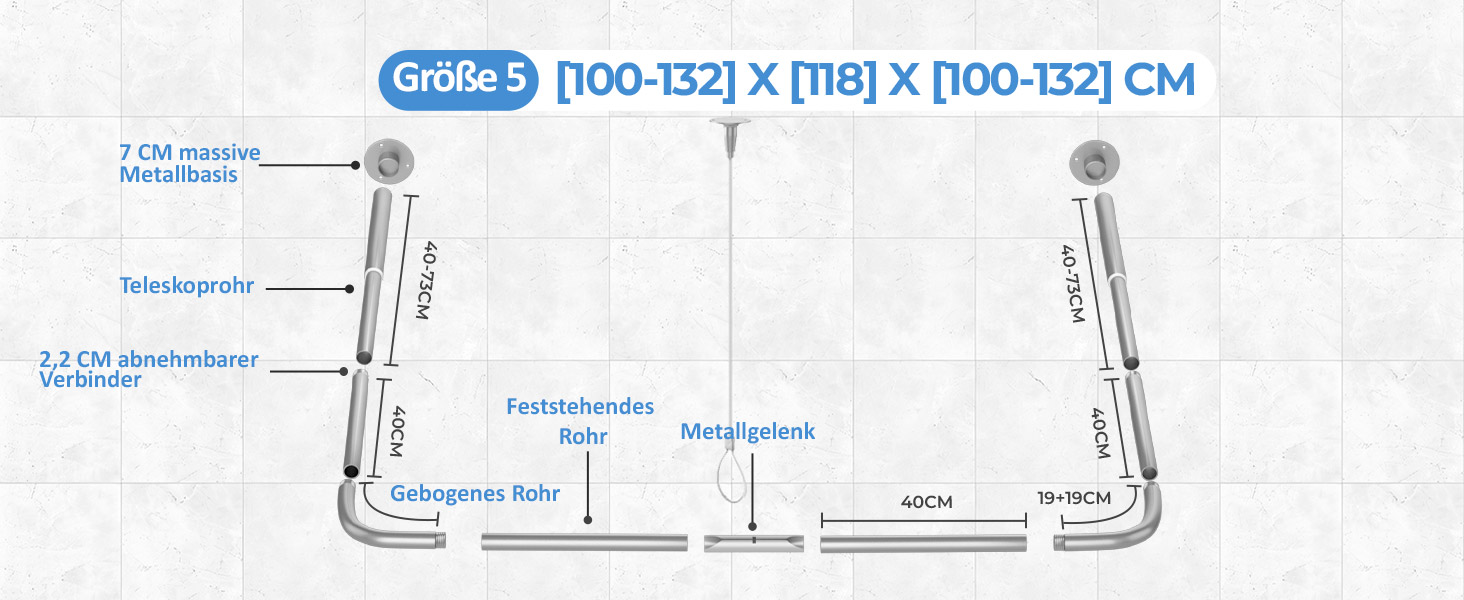 Регульована душова штанга U-подібної/L-подібної форми, 60-92 x 78-196 x 60-92 см, з 12 кільцями для шторки та підпоркою для стелі, для ванни/ванної кімнати, срібна