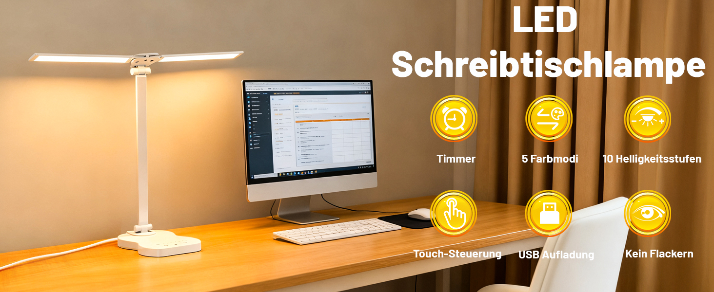 Стійка лампа для робочого столу з двома регульованими головками, 5 режимів кольору, 10 рівнів яскравості, сенсорне керування, таймер 45 хв, диммування, для дому, офісу, читання, навчання - біла