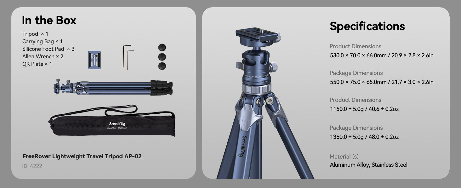 Штатив SMALLRIG для камери з компактною центральною колоною, 360° кульковою головкою, QR-пластиною, вантажопідйомністю до 8 кг, для DSLR-камер -4222B