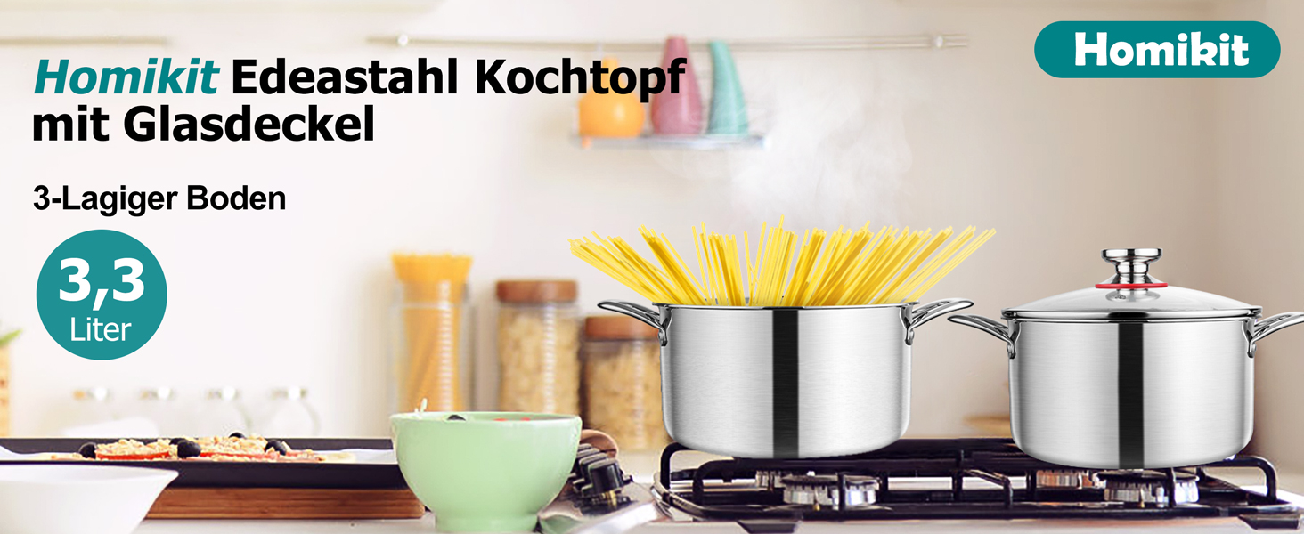 Каструля Homikit 20 см, 3.3 л, нержавіюча сталь з тришаровим дном, з кришкою з термостійкого скла, для всіх типів плит, не має покриття, здорове приготування, можна мити в посудомийній машині