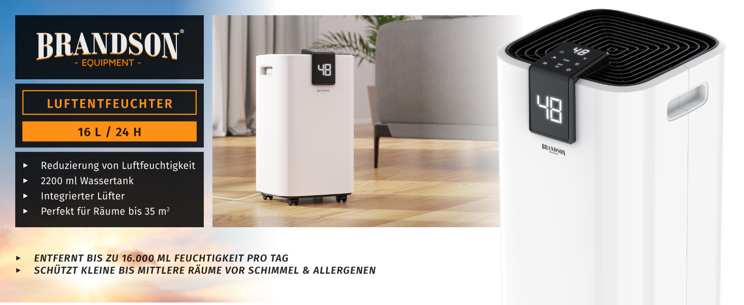 Електричний осушувач повітря Brandson 16L з компресором – 16 літрів/24 години – тихий – дисплей – для спальні, ванної, підвалу
