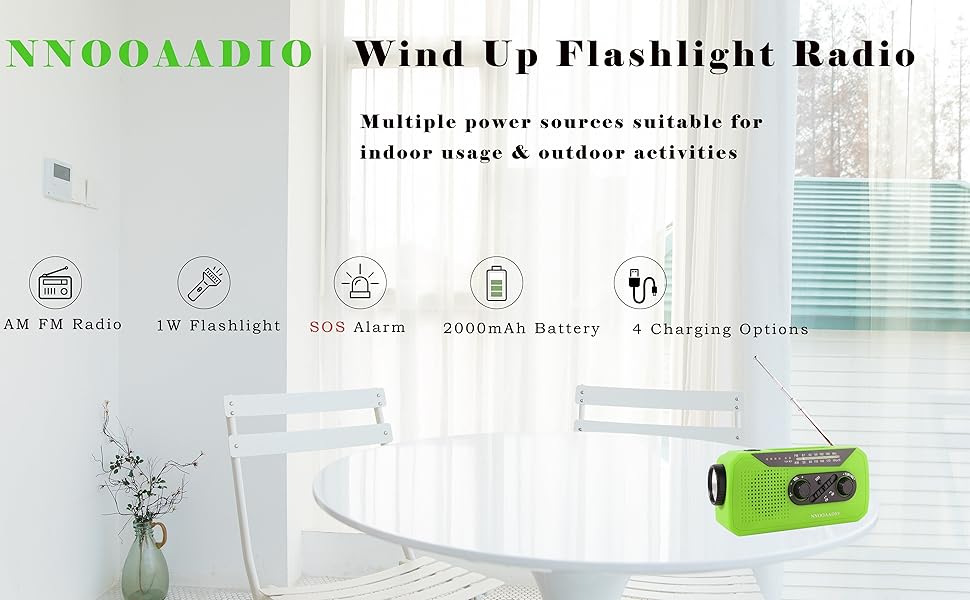 Радіо Solar-Radio з ручним приводом, AM/FM, погода, ліхтарик, SOS-сигнал, акумулятор 2000 mAh, Powerbank, роз'єм для навушників - для надзвичайних ситуацій та активного відпочинку (зелений)
