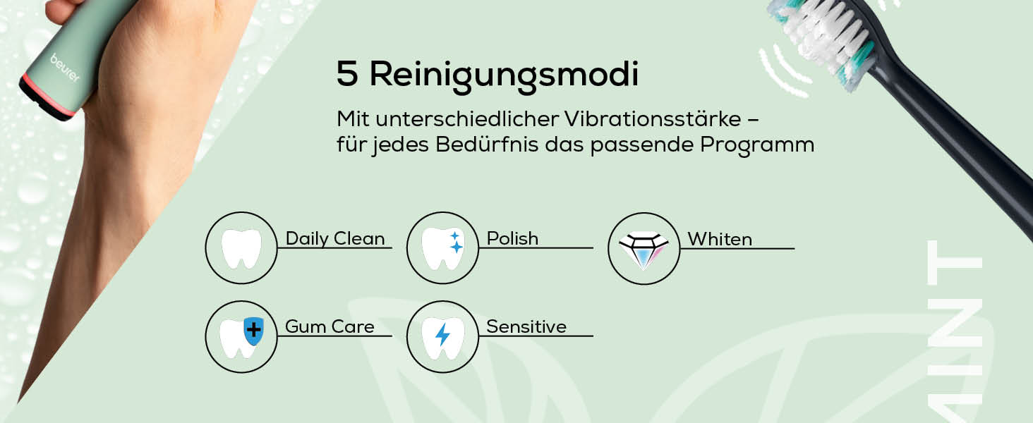 Звукова електрична зубна щітка Beurer SC 50 з 5 режимами чищення, датчиком тиску, дисплеєм таймера та 2 насадками (м'ята)