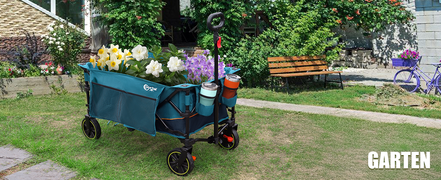 Візок-телега складний Portal XXL синій 120 кг з підсклянником та бічними кишенями для саду, кемпінгу, пляжу