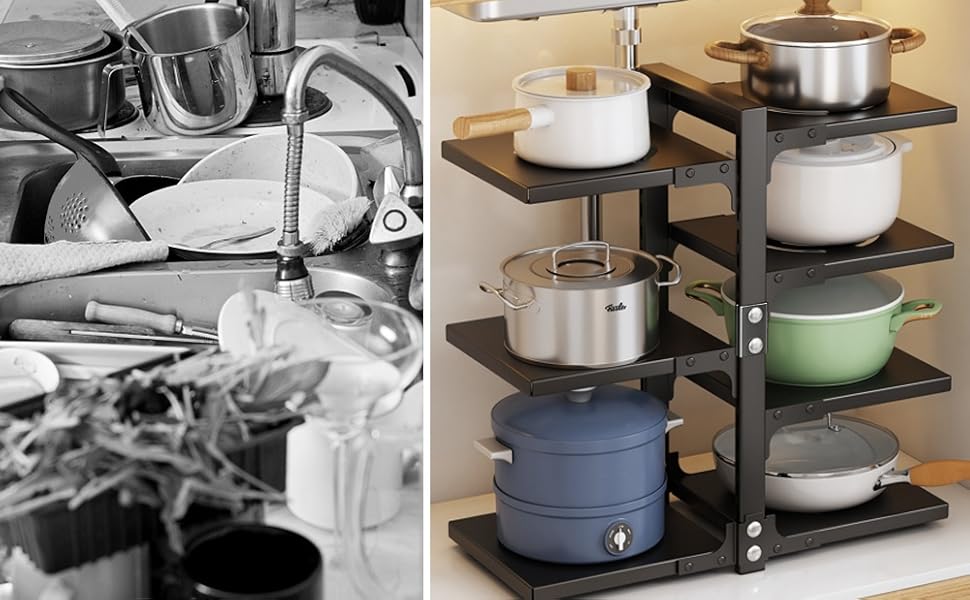 Pot Organizer, 7 tiers, adjustable, sturdy, for kitchen cabinets, versatile, for pots and pans
