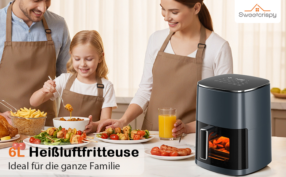 Фритюрниця Sweetcrispy Airfryer 6L з вікном, 12 функцій, сенсорний екран, сірий колір. Здорове приготування без олії, антипригарна корзина, підходить для 3-6 осіб