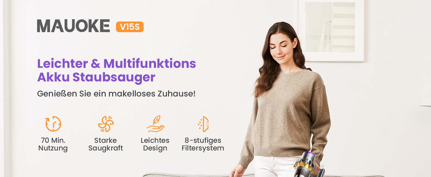 Бездротовий акумуляторний пилосос MAUOKE 45000Pa з LED-дисплеєм та V-подібною насадкою, 6-в-1 для дому, килимів, твердих поверхонь та видалення шерсті тварин