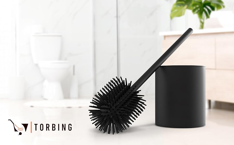 TORBING Кобура для унітазу з нержавіючої сталі та силікону - Елегантна щітка для унітазу з простим тримачем з високоякісної нержавіючої сталі - Гігієнічна щітка для унітазу з силікону з ефектом лотоса (Чорний матовий вугільний колір)