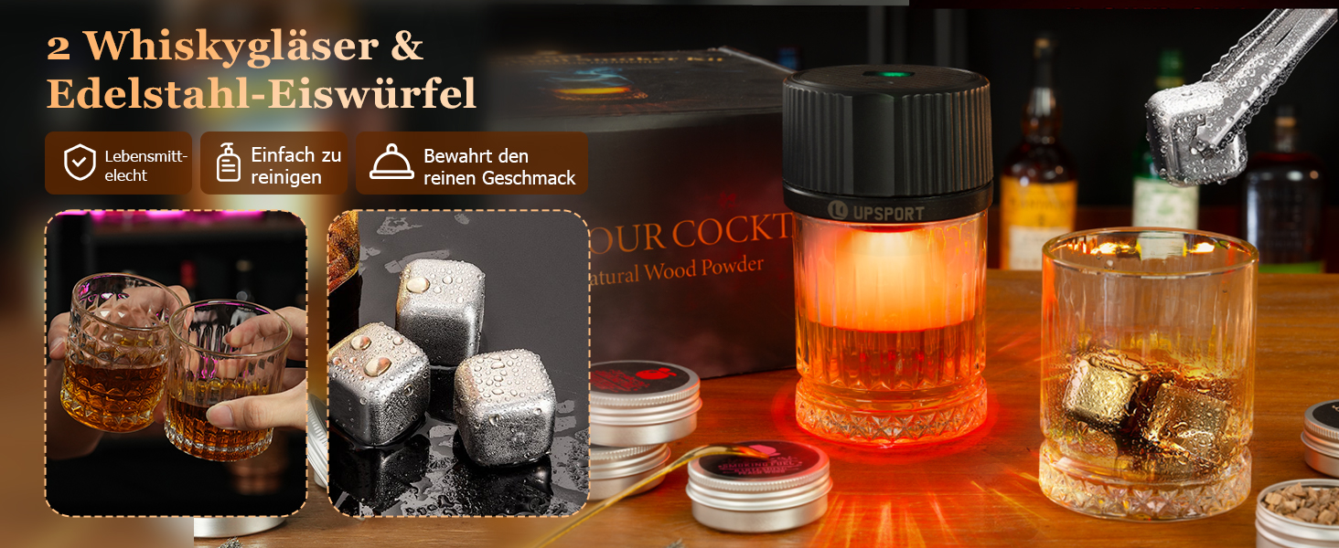 Набір для копчення віскі: 6 смаків дерев'яної стружки, 2 склянки, 2 кубики льоду, аксесуари для коктейлів, копчення напоїв, бурбон, кава, м'ясо