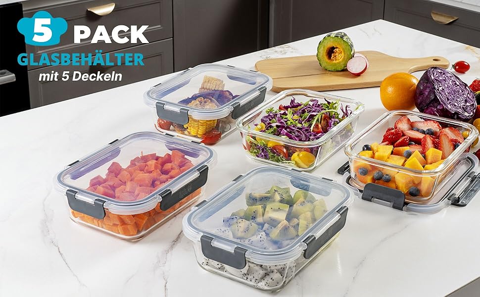 Набір контейнерів для їжі Igluu Meal Prep (5 шт.) – 1050 мл, Borosilikatglas, мікрохвильовка, духовка, морозильник, посудомийна машина, витікання