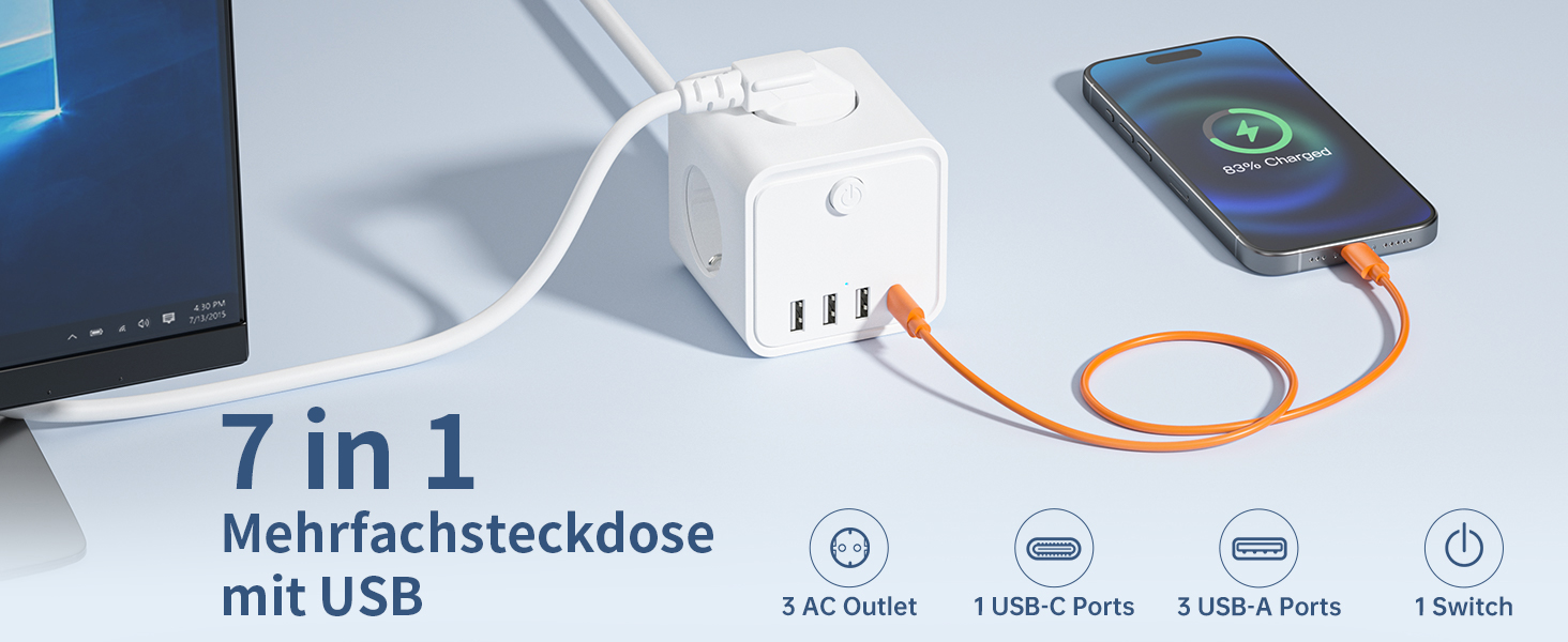 Мережевий фільтр (подовжувач) 7 в 1 з USB-портами, 3 розетки, з вимикачем, кабель 2м, білий — для дому та офісу