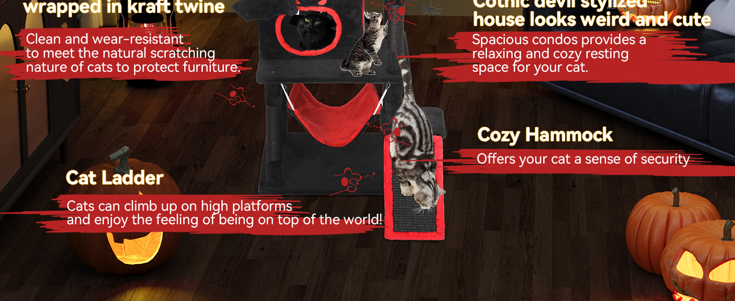 Кігтеточка YITAHOME Готичний XL, 160 см, велика та стійка, з 4 колонами з сизалю, 1 дощечкою для шліфування, гамаком, 2 підвісними кулями-павуками, платформами для сну, чорна, 48 x 60 x 160 см