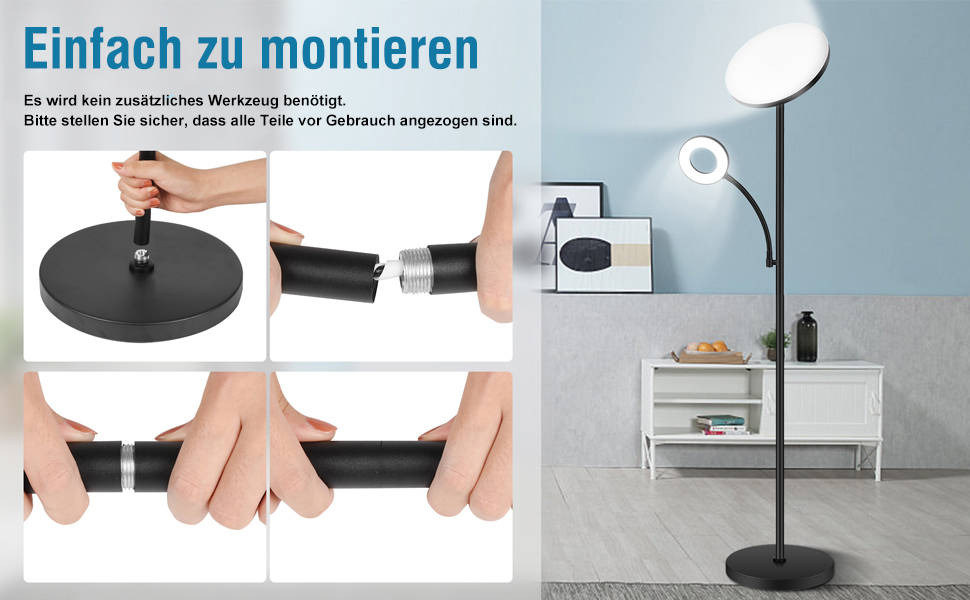 Стельовий LED-прожектор 42W з регулюванням яскравості та лампою для читання, 4200LM, 2700K-6500K, дистанційне керування, сенсорне управління, сучасна підлогова лампа для вітальні, спальні, офісу