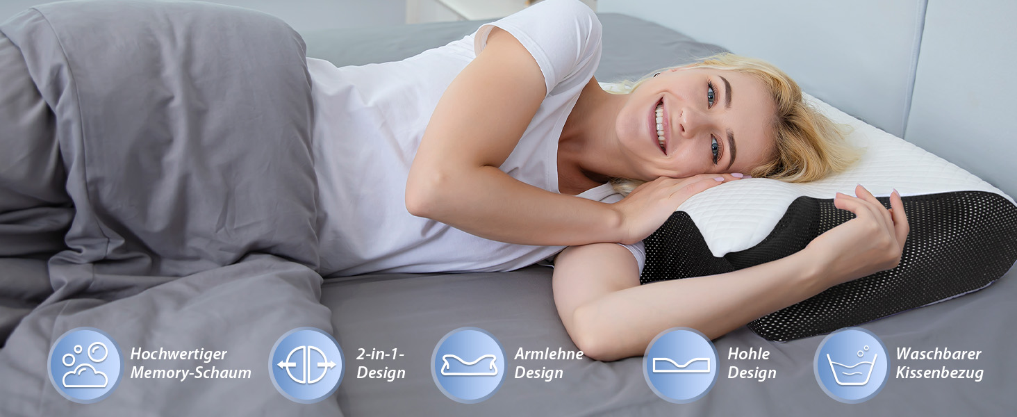 Ергономічна подушка для шиї та голови HOMCA 2 в 1 з ефектом пам'яті (Memory Foam) для всіх позицій сну, 60x40x12/14 см, чорна