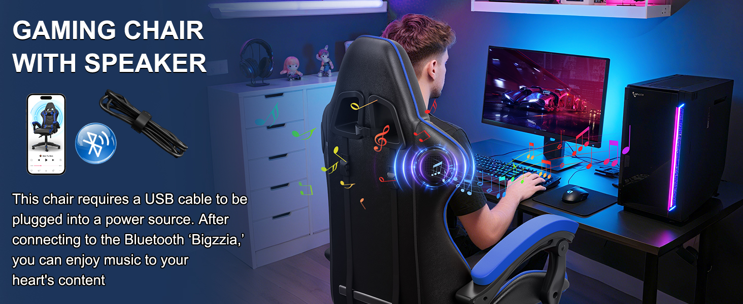 Геймерське крісло Bigzzia Ergonomisch з підтримкою попереку та голови, Bluetooth, блакитне, для підлітків та дорослих