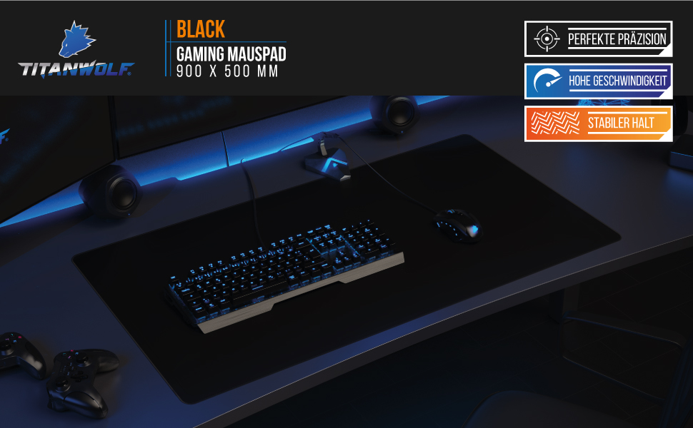 Ігровий килимок для миші CSL Titanwolf XXXL (1200x600 мм) з принтом — великий килимок на весь стіл для миші та клавіатури, покращує точність та швидкість, чорний