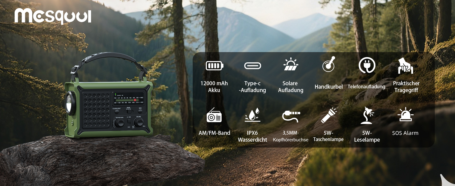 Сонячне радіо з ручним приводом 12000mAh, портативний приймач світу, радіо для надзвичайних ситуацій з AM/FM, 8500 мм² сонячна панель, Powerbank, ліхтарик та світло для читання, для виживання та відключень електроенергії (зелене)