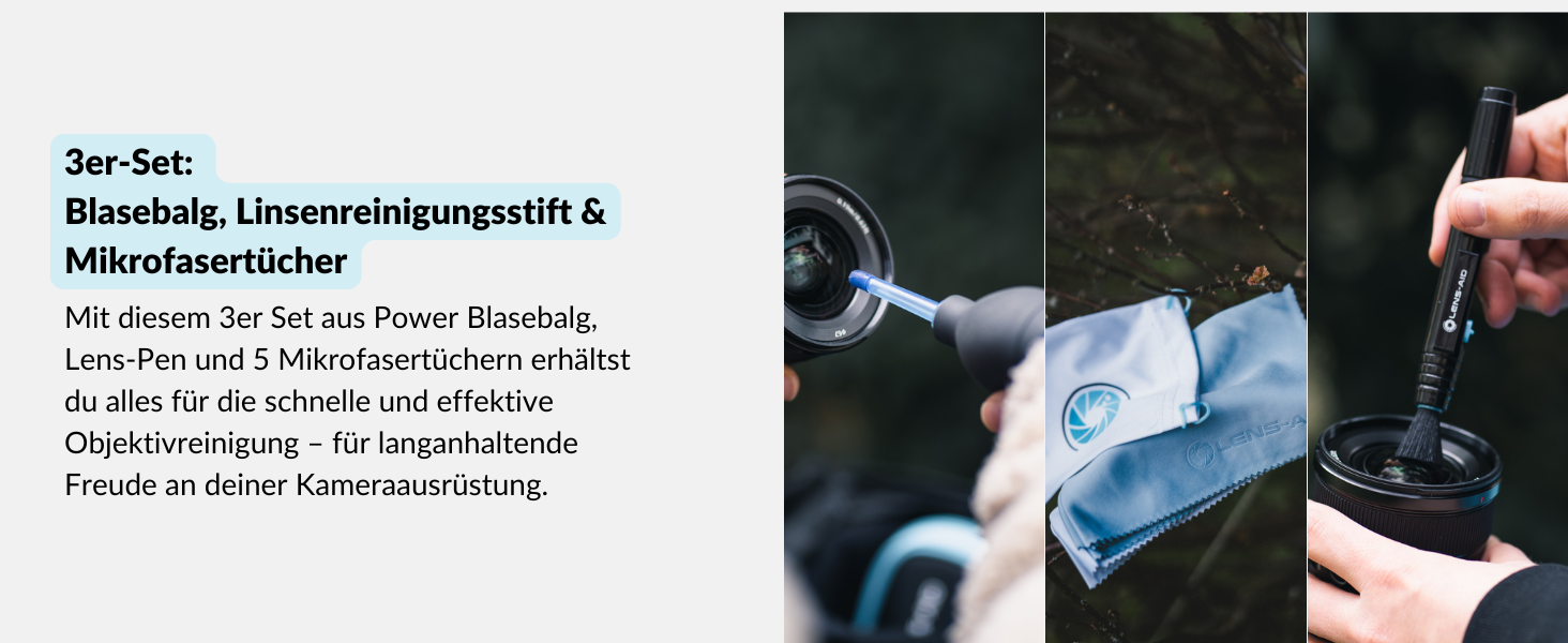 Набір для чищення камери Lens-Aid 3 в 1: повітряний насос, олівець для чищення та 5 мікрофібрових серветок. Підходить для сенсорів, об'єктивів, дисплеїв, фільтрів та оптики. Ідеальний для фотоаксесуарів та техніки.