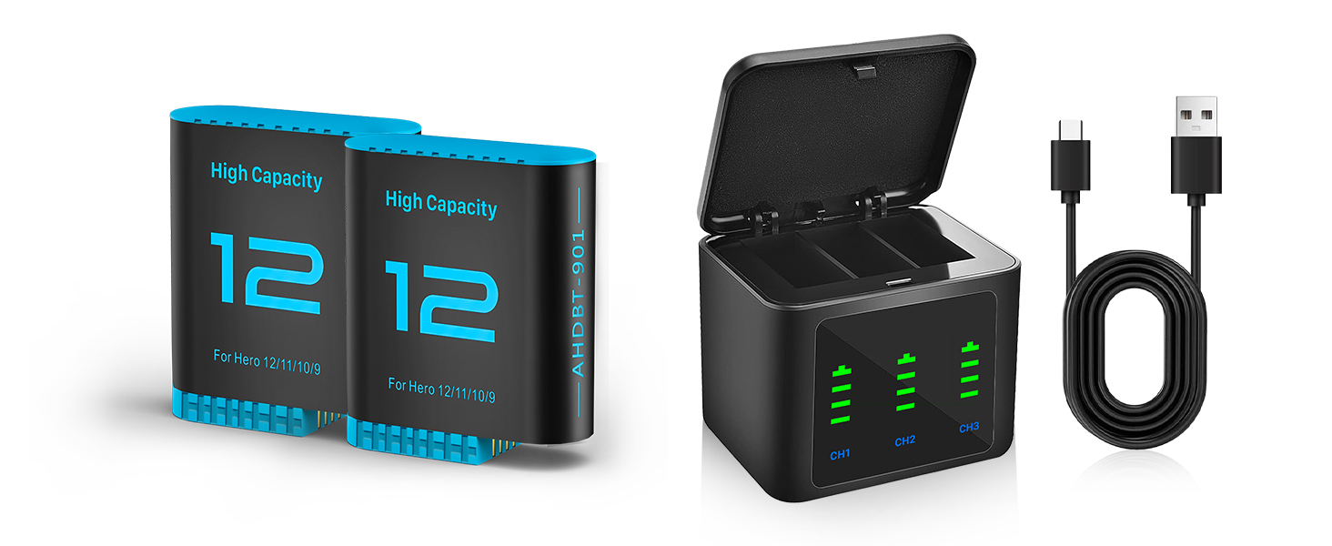 Зарядний комплект Hero12: 2 акумулятори 2580mAh + триканальна зарядка з LED-індикатором для GoPro Hero 12/11/10/9 Black