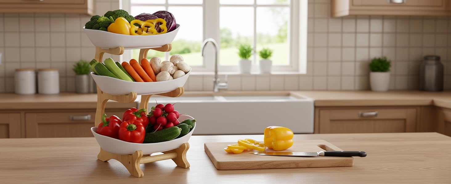 Трирівнева етажерка для фруктів та закусок з бамбуковим підставкою, преміум-пластик