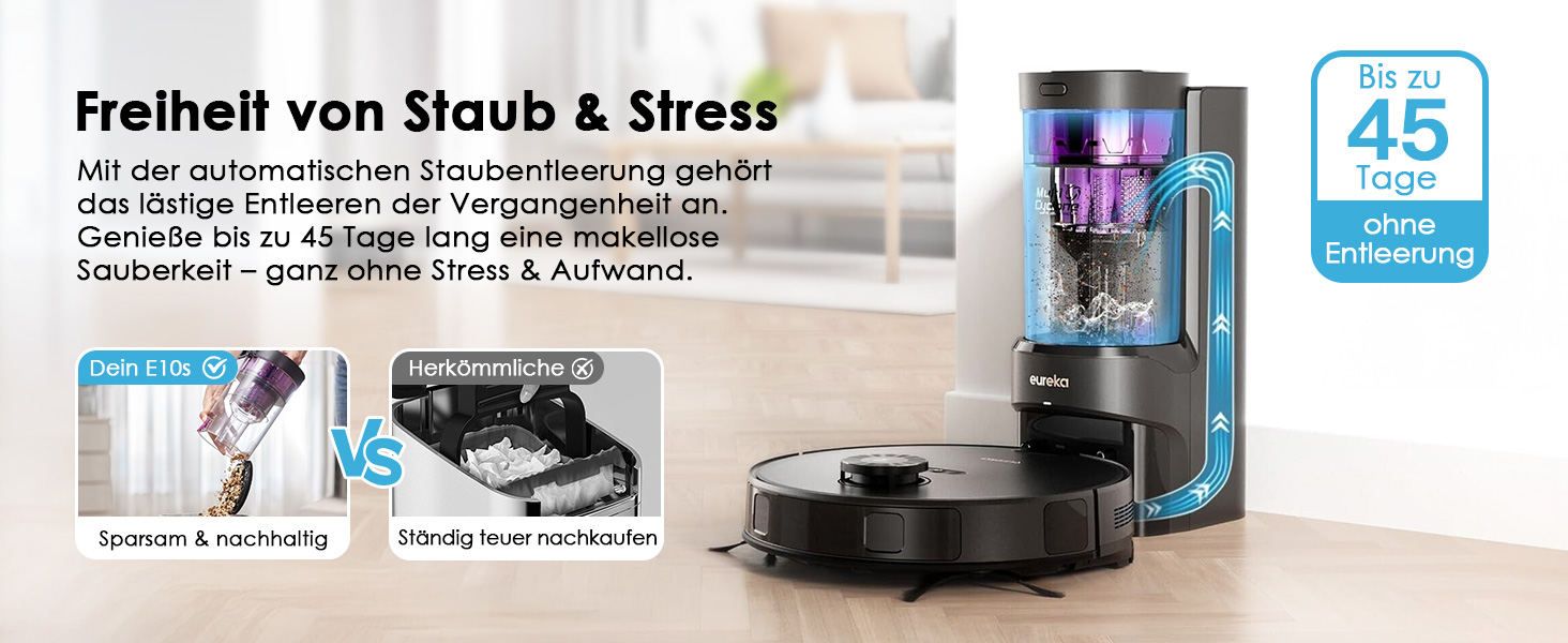 Робот-пилосос EUREKA E10s 2.Gen з вологою тканиною + станція самоочищення (4000Pa, автовизначення килима, підйом мопа, LiDAR-навігація, ідеально проти шерсті тварин, керування через додаток/голос) чорний