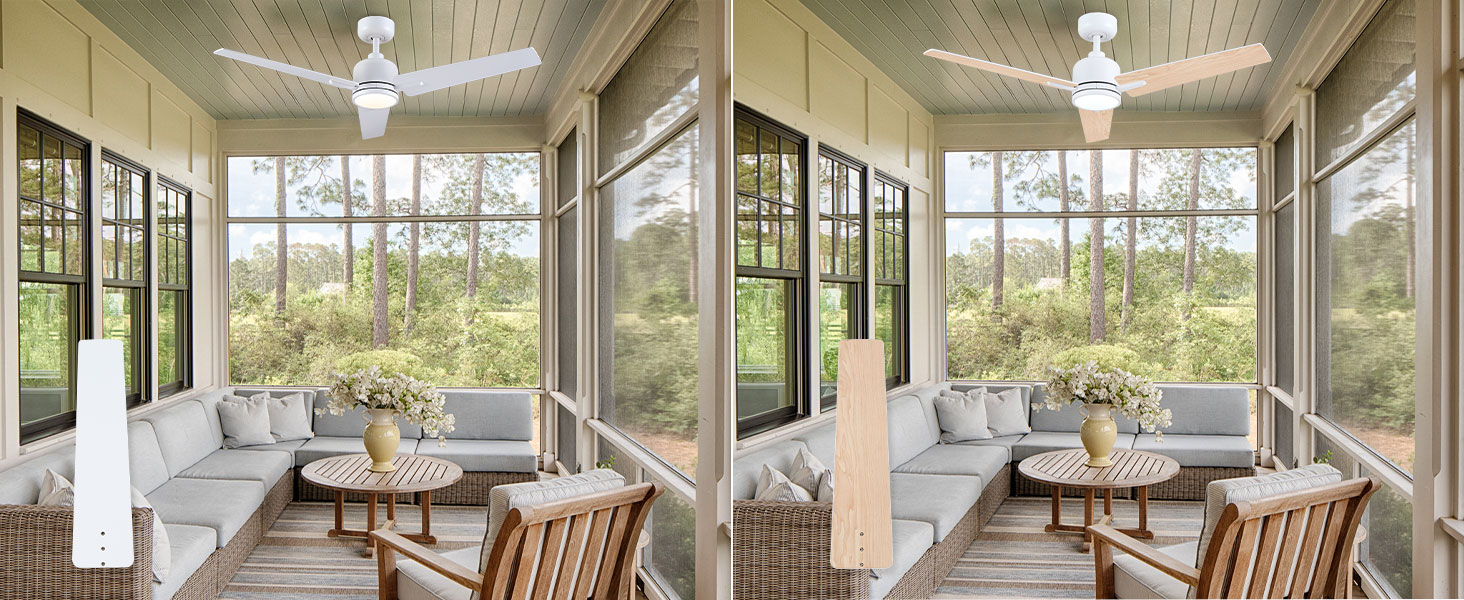 Стеля вентилятор Newday 122см з підсвічуванням та пультом керування, тихий, DC мотор, реверс для спальні/вітальні (білий, дерево)