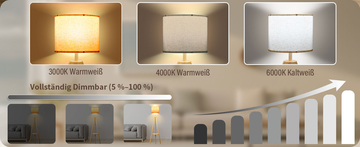 Стельова лампа для вітальні з полицею, дерев'яна LED-стійка лампа з регулюванням яскравості, тринога, 3 колірні температури, таймер на 30/60 хвилин, абажур, вимикач на корпусі для вітальні, спальні, офісу.