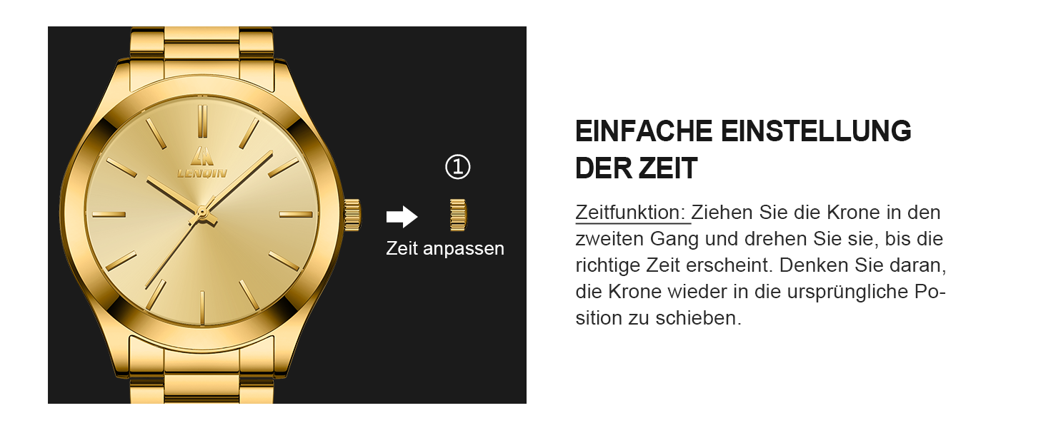 Годинник чоловічий LENQIN з нержавіючої сталі, аналоговий кварцовий годинник, водостійкий (30м), для бізнесу та повсякденного носіння, колір: золото