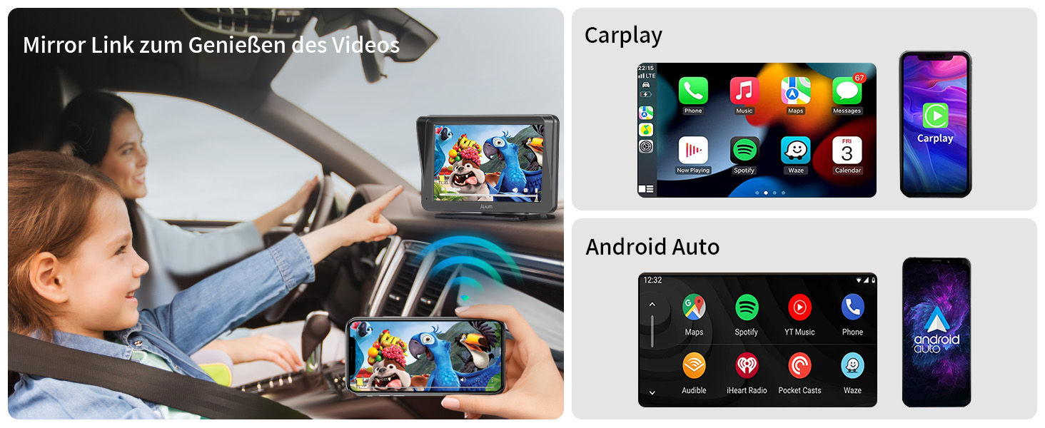 Автомобільний дисплей Alxum CarPlay 7'' IPS із FM-трансмітером, Bluetooth, монітором для авто, камерою заднього виду, підтримкою TF карти, FM і AUX для всіх авто