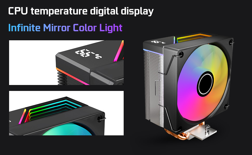 Кулер для CPU Jungle Leopard KF420E з дисплеєм температури, 4 heat pipes, 1800RPM ARGB PWM вентилятор, для LGA 115X/1200/1700/1366/2011/1851, AM4/AM5 (Чорний)