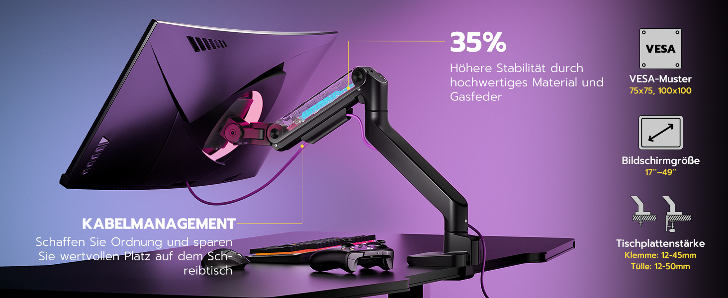 Кріплення для монітора ARES WING: регульована підставка для моніторів 17-49 дюймів, газліфт, VESA 75/100 мм, чорний (без USB)
